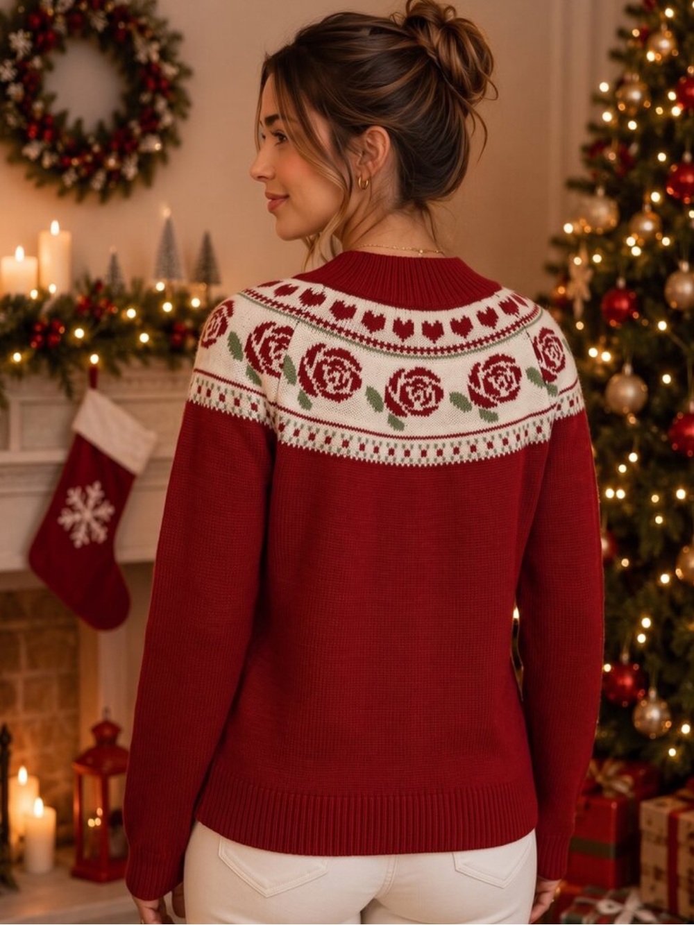 Red Rose Floral Fair Isle Holiday Sweater - Women